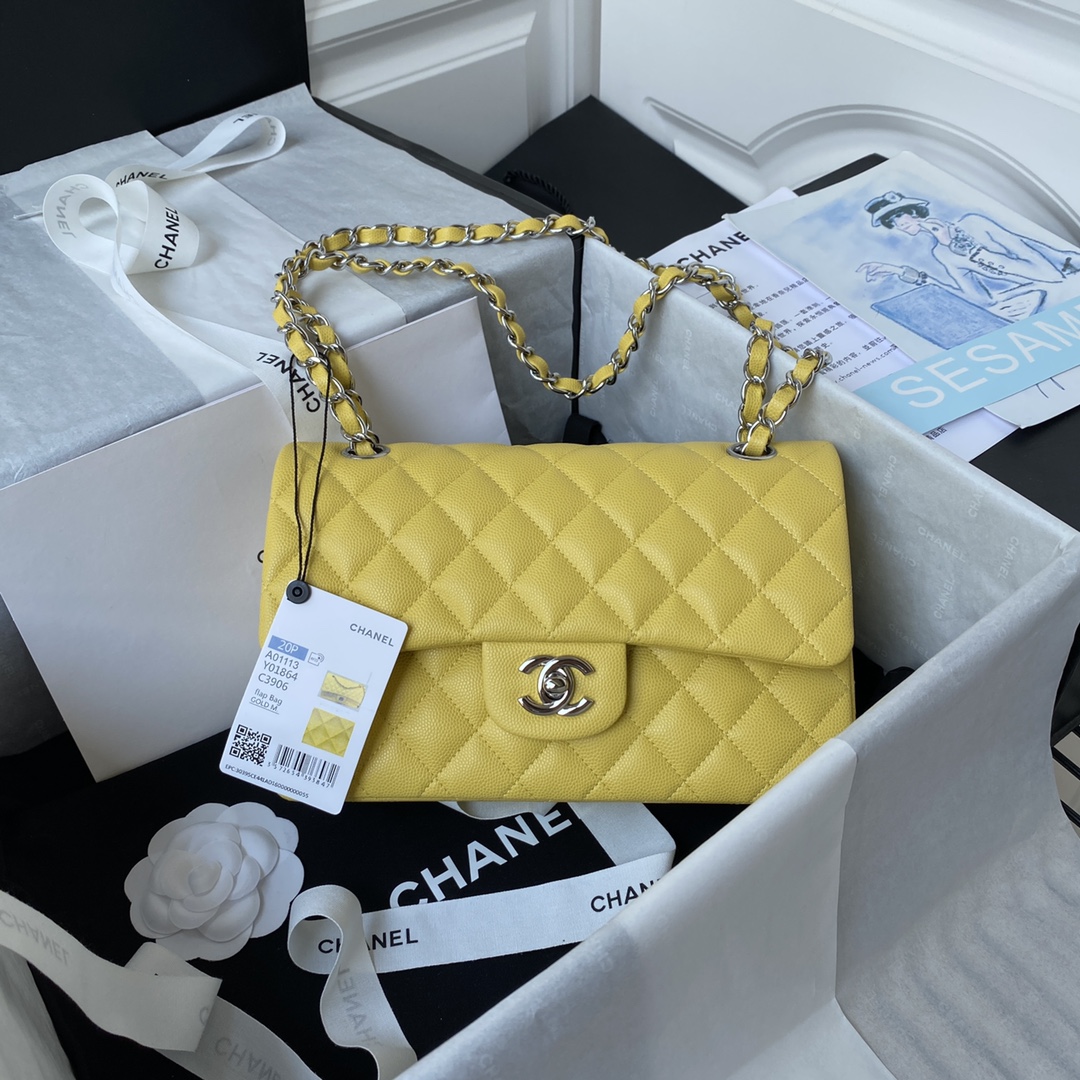 Classic Flap Caviar Bag A01113 Yellow/Silver